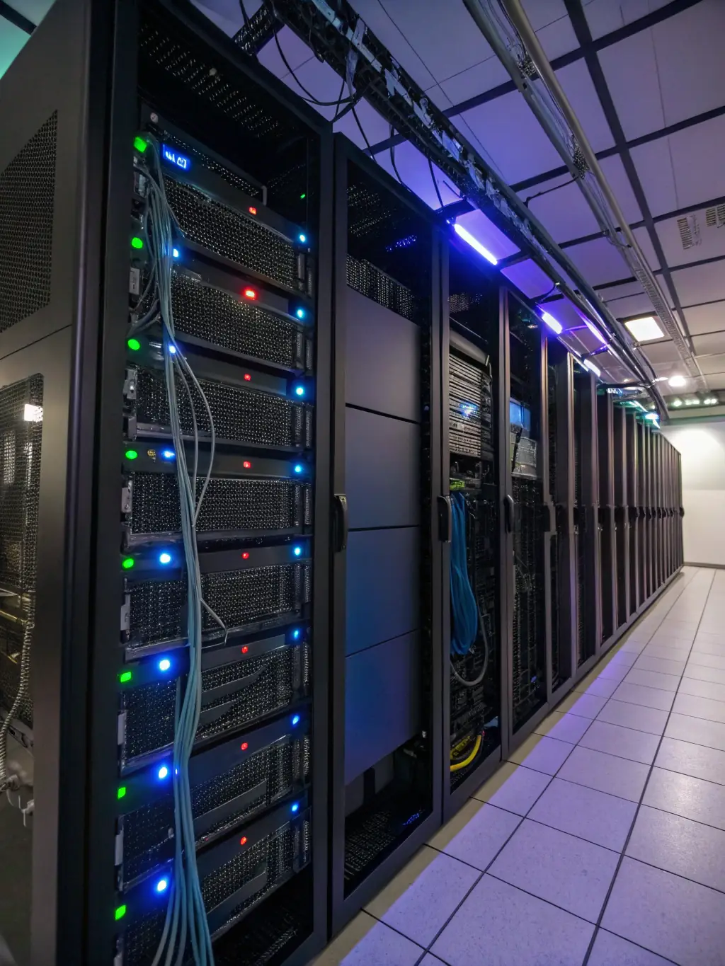 A professional IT manager overseeing a server room, with holographic overlays of network performance, uptime metrics, and security status, all in a premium dark color palette.