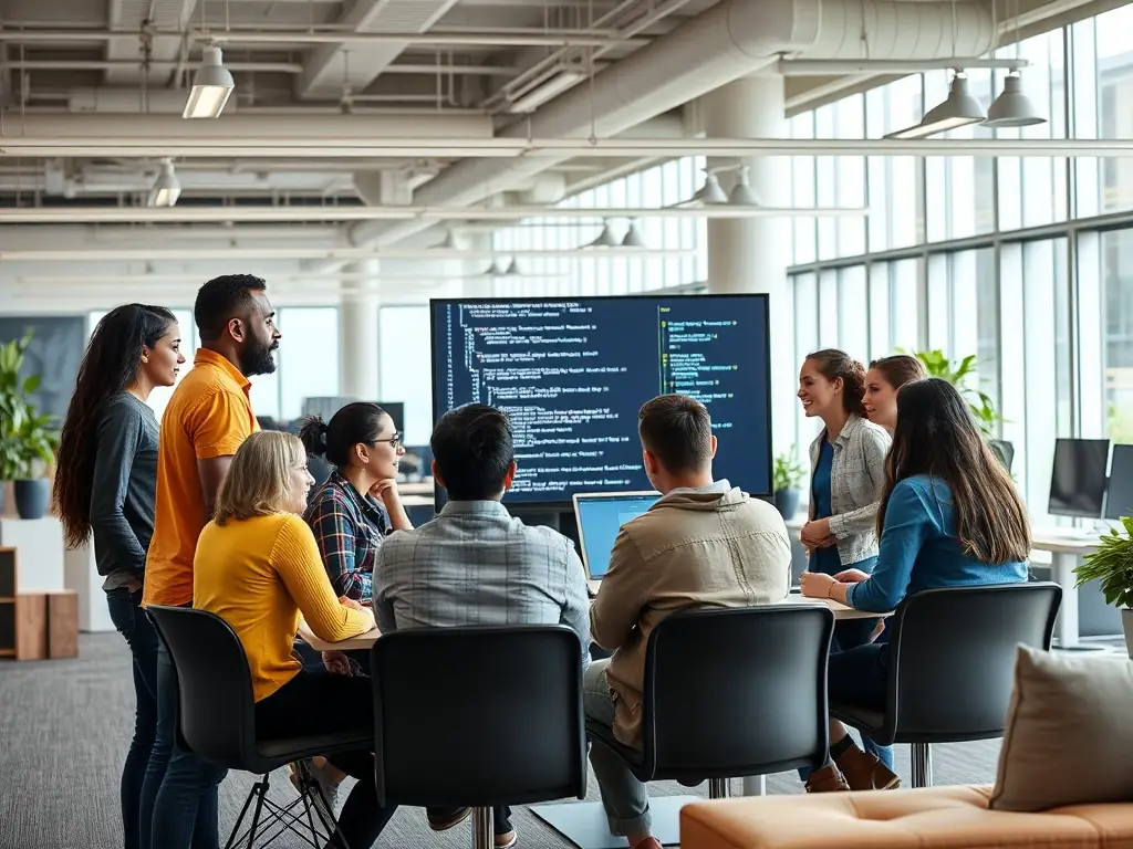 Imagen de un equipo de TI revisando informes de vulnerabilidades y parches en una pantalla con código, gráficos y notificaciones de seguridad, en un ambiente corporativo moderno.