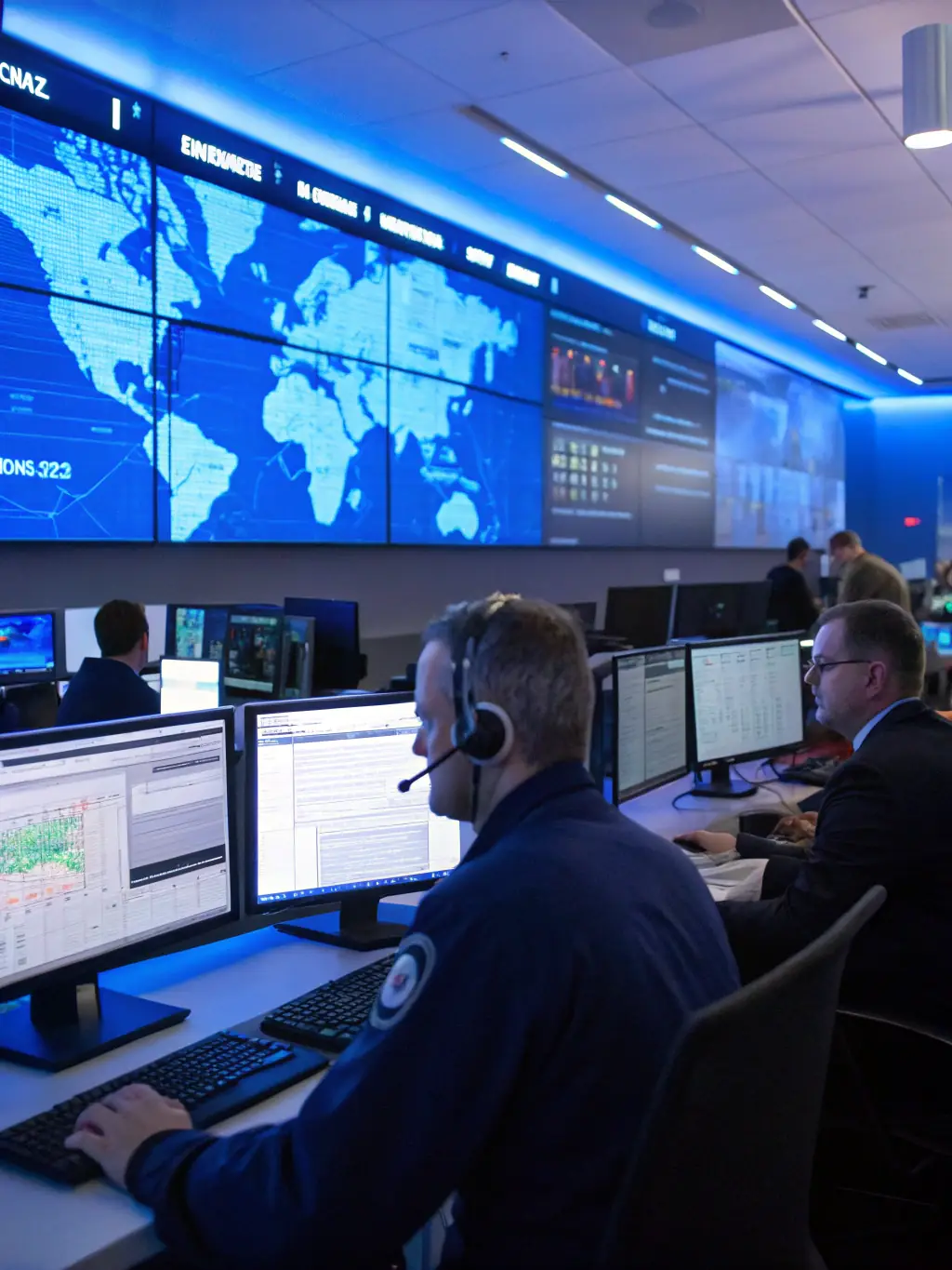 A dark-themed control room with multiple large monitors displaying real-time security alerts, digital threat maps, and analytics dashboards, reflecting a 24/7 SOC environment for enterprise clients.