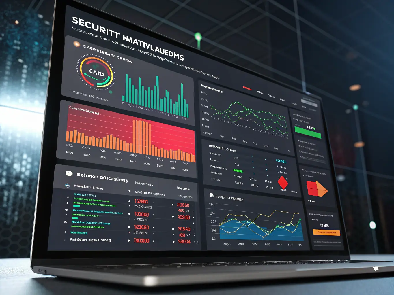 Imagen conceptual de un dashboard de ciberseguridad mostrando análisis de vulnerabilidades, parches aplicados y alertas de seguridad, con gráficos y notificaciones resaltadas en rojo.