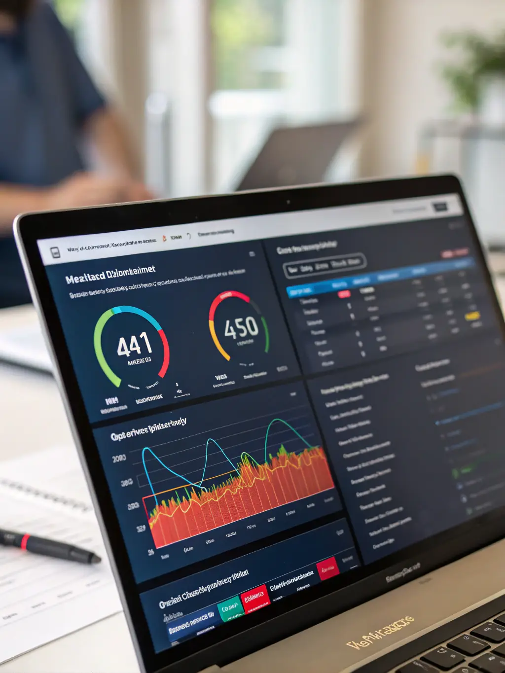 A close-up of a digital dashboard showing vulnerability scan results, patch status indicators, and automated remediation workflows, all in a sleek, modern interface.